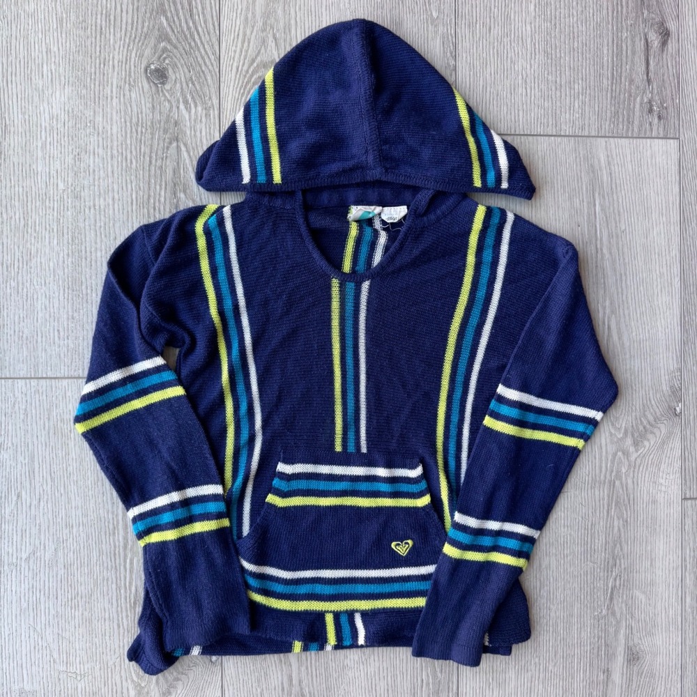 Vintage Roxy Girl Striped Knit Pullover Hoodie Navy Blue Y2K Surf Skate XS 7